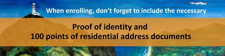 Reminder banner for proof of address documents featuring the Byron Bay lighthouse mural