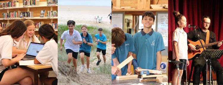 Collage of students participating in computer use, running, wood technology and music