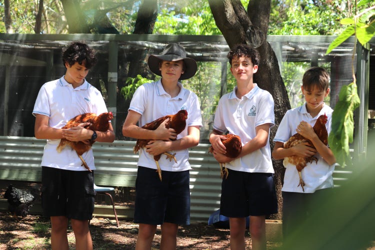 Four students in our Agriculture farm holding hens