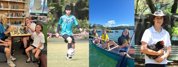 Collage of students playing chess, soccer, kayaking, and holding a hen