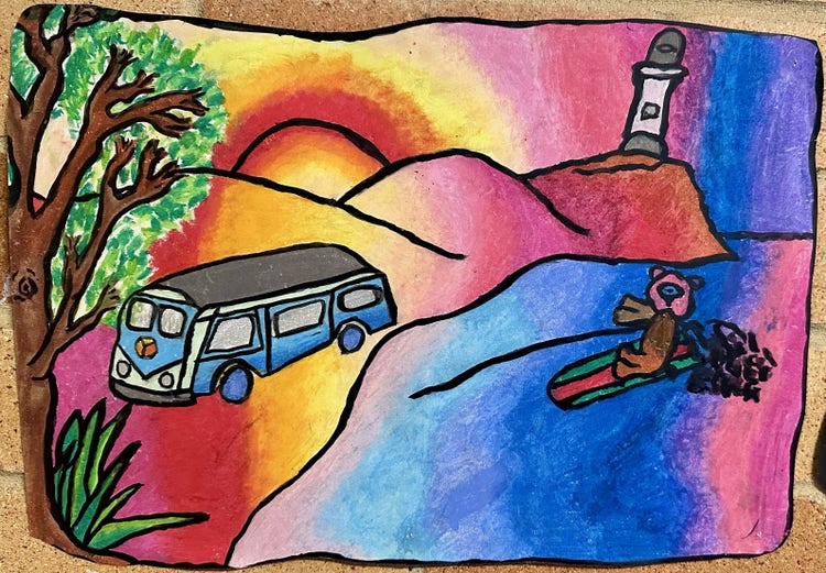 student artwork of Byron Bay using bright water pastels