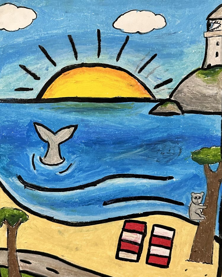 student artwork of Byron Bay using bright water pastels